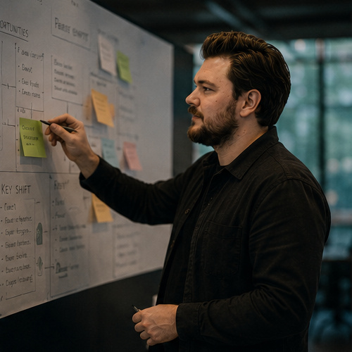 Facilitator guiding a positioning workshop at the post-it wall