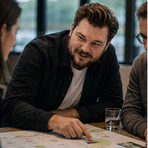 Strategy team collaborating around a table